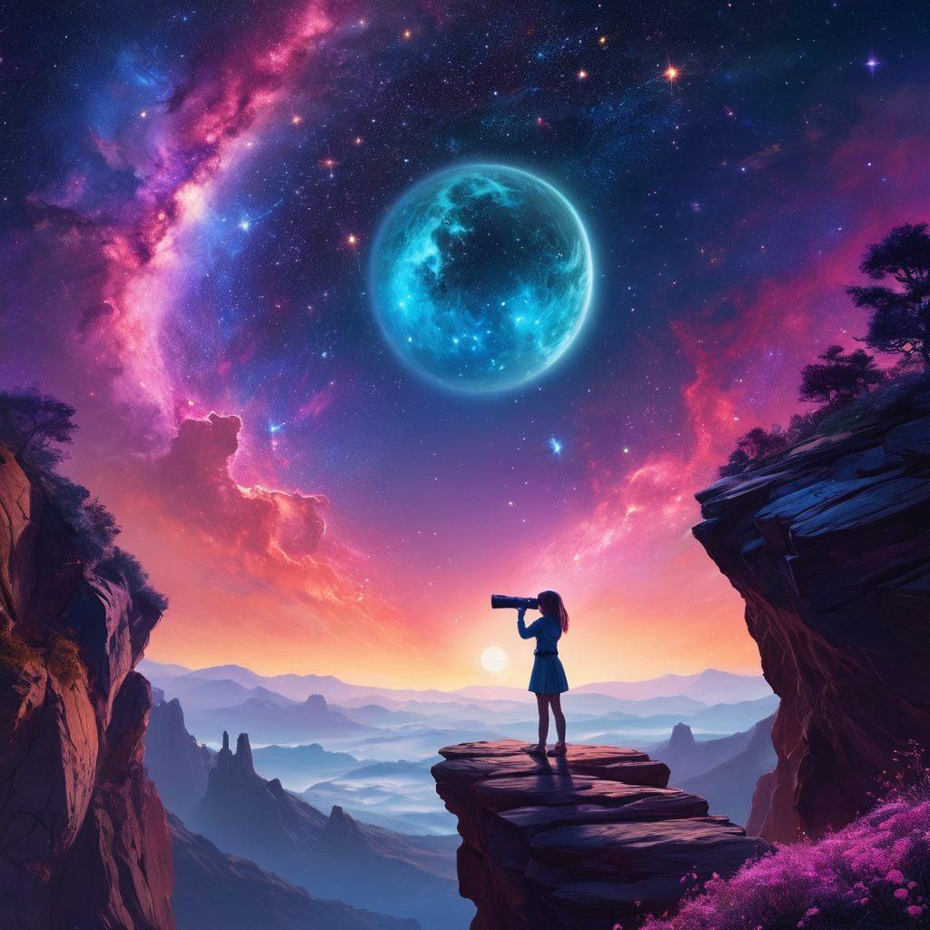 A whimsical view of a cosmic landscape filled with colorful stars and swirling galaxies, featuring a girl named Katie looking through a telescope on a cliff, surrounded by glowing celestial elements like planets and comets. The sky is a blend of deep purples, blues, and pinks, creating a sense of wonder and discovery as she unravels the universe's mysteries. digital painting. vibrant colors. 3D.