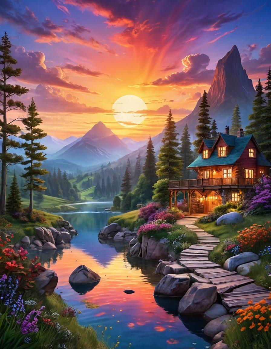 A breathtaking view showcasing the vibrant landscapes of Katie's Realm, featuring a colorful sunset over rolling hills, an ethereal orbiting planet in the sky, and lush greenery interspersed with whimsical flora. Include serene water bodies reflecting the sky's hues and a cozy haven nestled among the hills, evoking a sense of adventure and tranquility. super-realistic. vibrant colors. 3D.