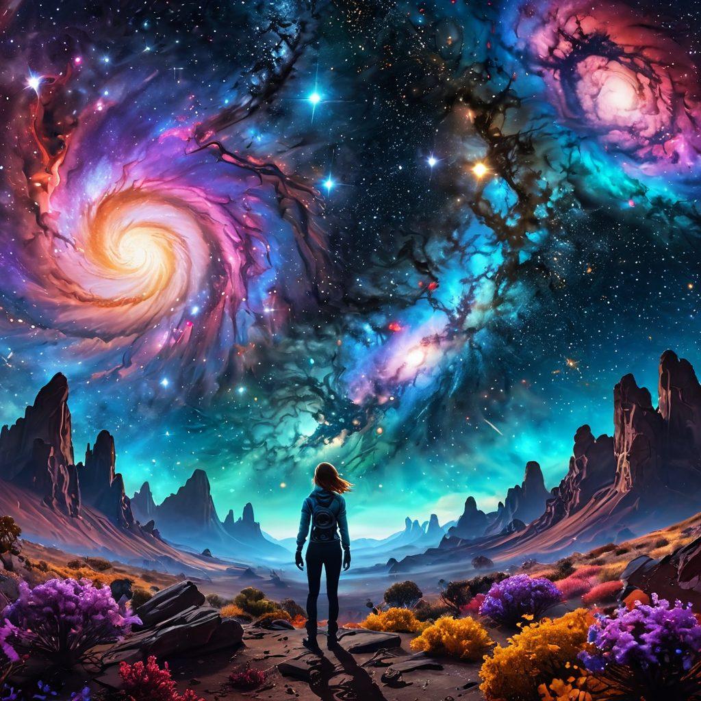 A breathtaking cosmic landscape featuring swirling galaxies, vibrant nebulae, and twinkling stars surrounding a whimsical figure representing Katie, gazing in wonder. Include elements of adventure such as a small spaceship and alien flora. The scene should feel magical and expansive, inviting viewers to explore the unknown. 3D rendering. vibrant colors. starry background.